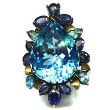 925 Sterling Silver Swiss Blue Topaz, Sapphire & Apatite Two Tone Ring Size 8.5