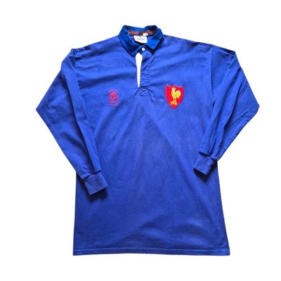 Vintage Frankreich Rugby Shirt Herren XL Blau Baumwolle Oxford Union Trikot Oberteil 80er