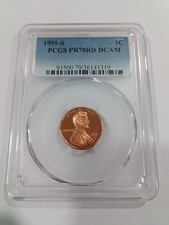 1991 S 1C LINCOLN CENT PROOFPCGS PR70DCAM