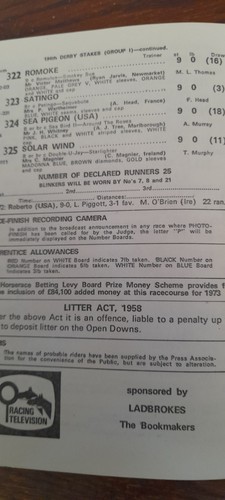 EPSOM RACE CARD, 6 GIUGNO 1973 - IL DERBY VINTO DA MORSTON & EDDIE HIDE - Foto 9 di 13