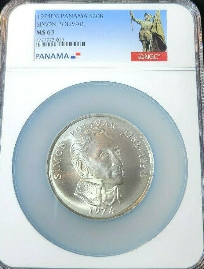 1974 PANAMA SILVER 20 BALBOAS SIMON BOLIVAR NGC MS 63 BRIGHT