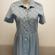 Talbots Blue Dress Size 4 Pintuck Bodice Button Front Pockets Midi Classic