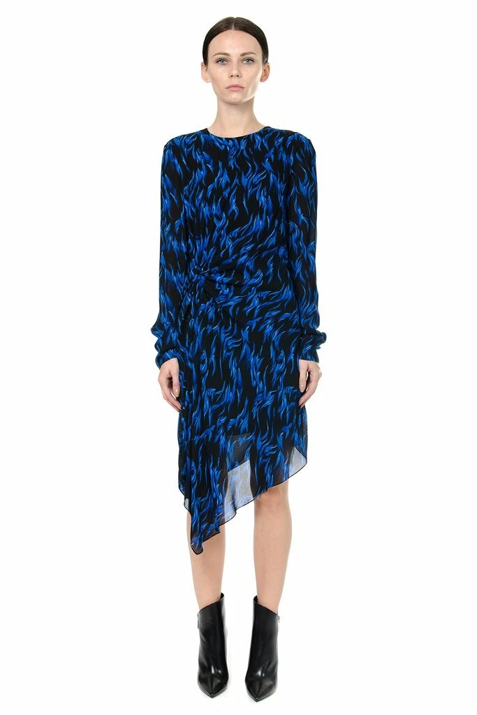 SAINT LAURENT (YSL) Abito asimmetrico in crepe seta SAINT LAURENT blu fiamma nera stampa asimmetrica 12 US 44IT