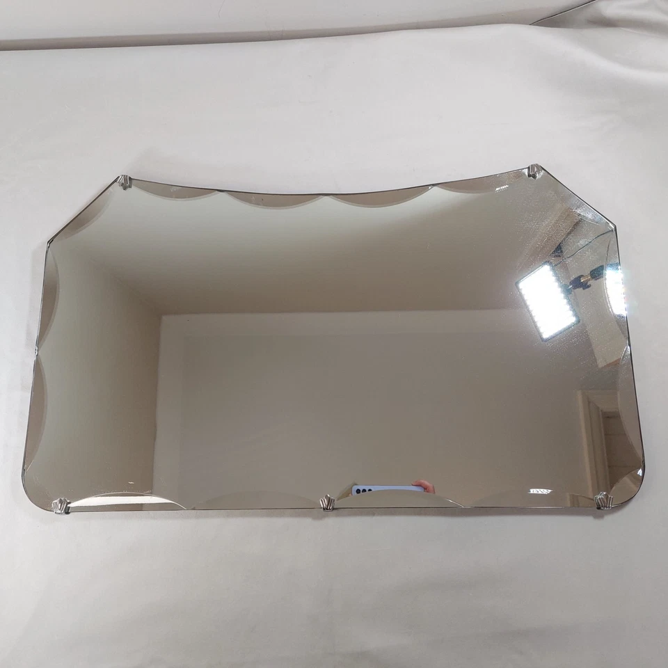 Art Deco Frameless Wall Mirror Scalloped Bevel Silver Tone Brackets 69cm Vtg - Image 2 of 4