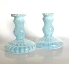 Fenton Blue Opalescent Swirl Candle Holders 1940’s EUC
