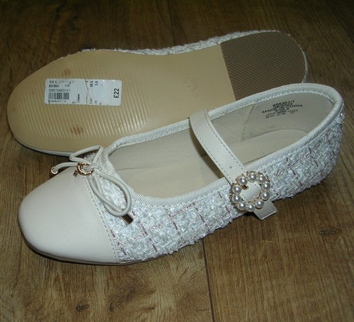 River Island Neu Mädchen Creme Gold Mary Jane Flache Schuhe UK 3 EUR 35,5 - Bild 2 von 3