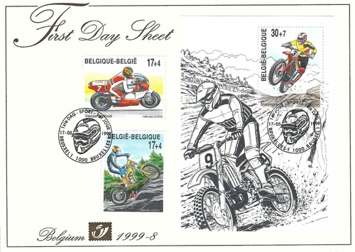 [FDS8] Belgium FDS 1999-08 Motorcycles First Day Sheet SUPERB