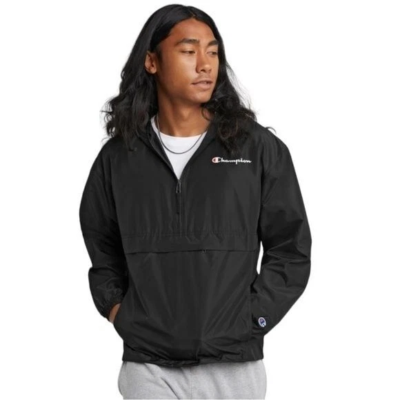 Champion Mens Packable Jacket Size XL Script Logo Pullover Windbreaker Hoodie