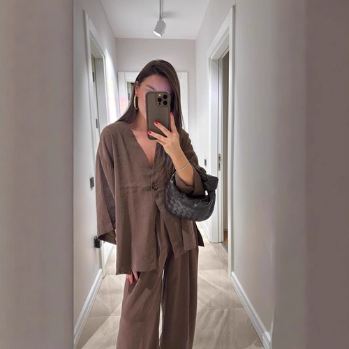 Ladies Linen Cotton Loose Tracksuit V Neck Shirts Tops Pants 2PCS Set Loungewear - Picture 14 of 22