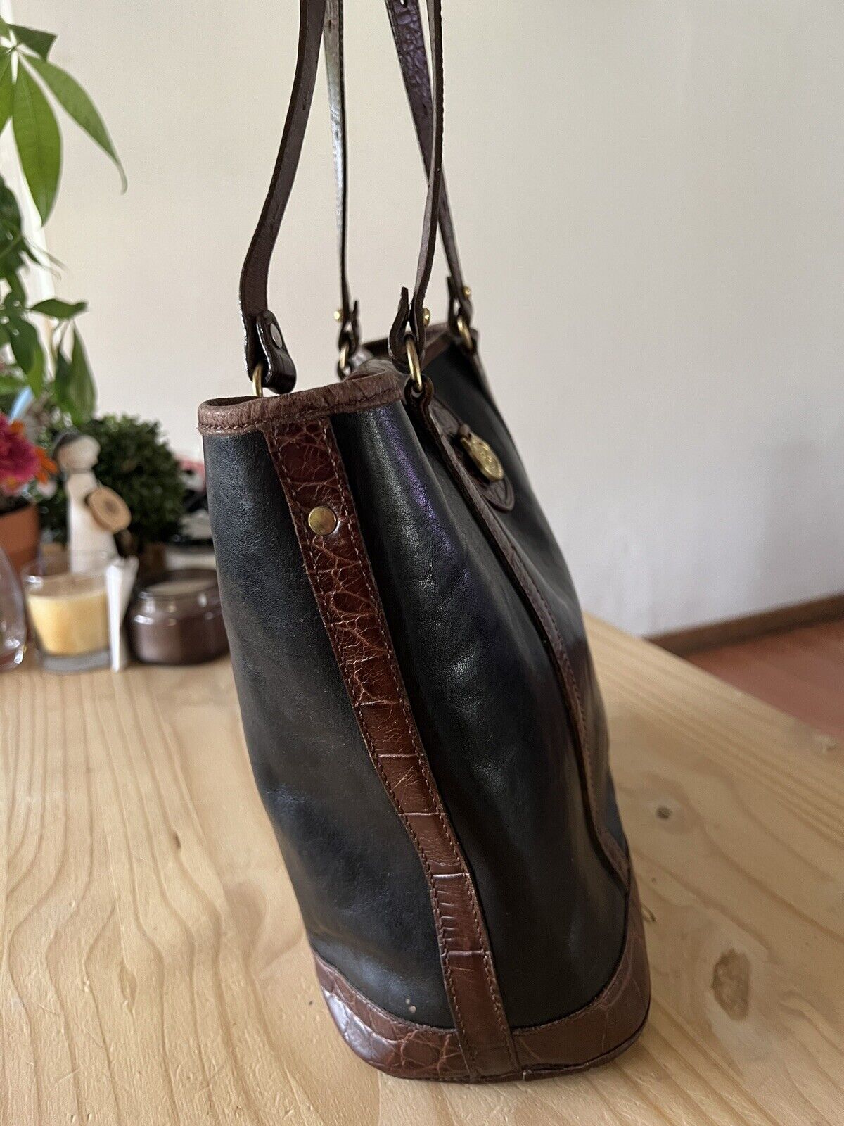 Brahmin Vintage Black/ Brown Leather Handbag Purse