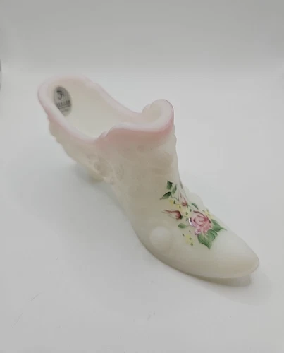 Fenton White Satin CabageRose Floral Shoe Hand Painted Signed By L Fleming