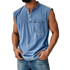 Men Sleeveless Beach Shirts Hawaiian Summer Shirt Button Vest Henley Tank Tops 