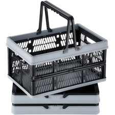Collapsible Shopping Basket, 3 Pack, 16L Plastic Foldable Storage Crate with Han