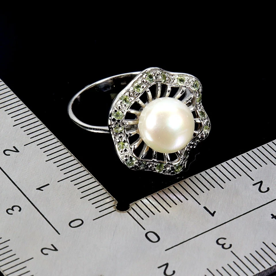 925 Sterling Silver Ring Round Peridot Pearl Natural Gemstone Jewelry Flower Sz  - Image 3 of 4