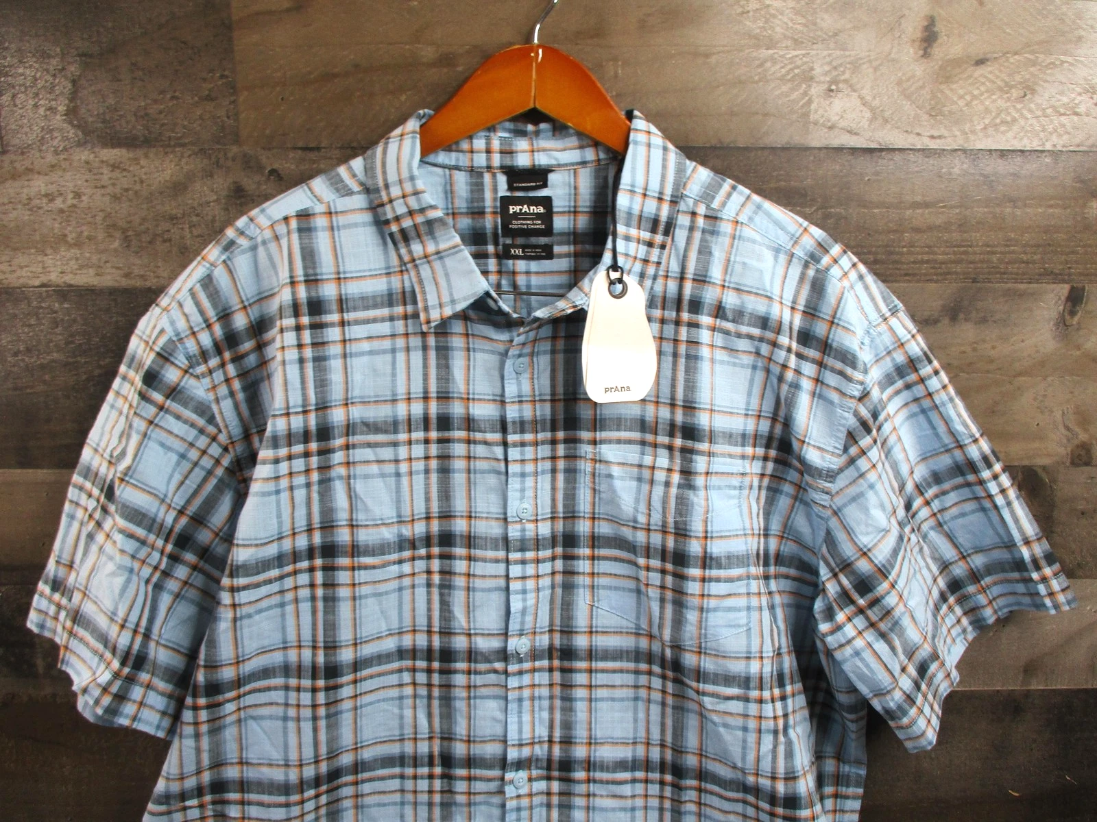 prAna Groveland Shirt Mens 2XL Blue Plaid Short Sleeve Button Down Outdoor NEW