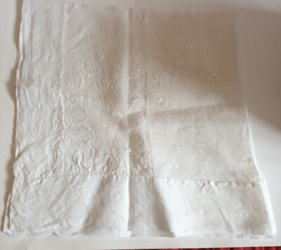 Antike Elfenbein Handarbeit Fein Leinen Bestickt & Gezeichnet Faden Tischdecke 34''