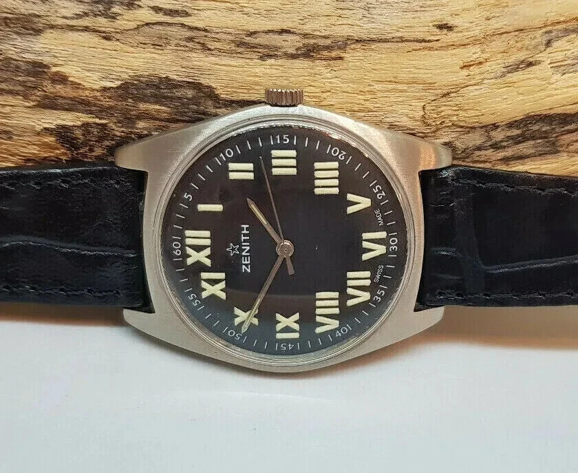 Zenith — RARE 1960'S ZENITH BLACK DIAL MANUAL WIND SS CASE MAN'S WATCH / S052