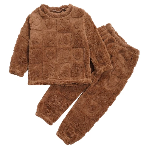 Kids Boys Girls Pajamas Set Solid Color Tops With Pants Round Neck Flannel Suit - Foto 62 di 72