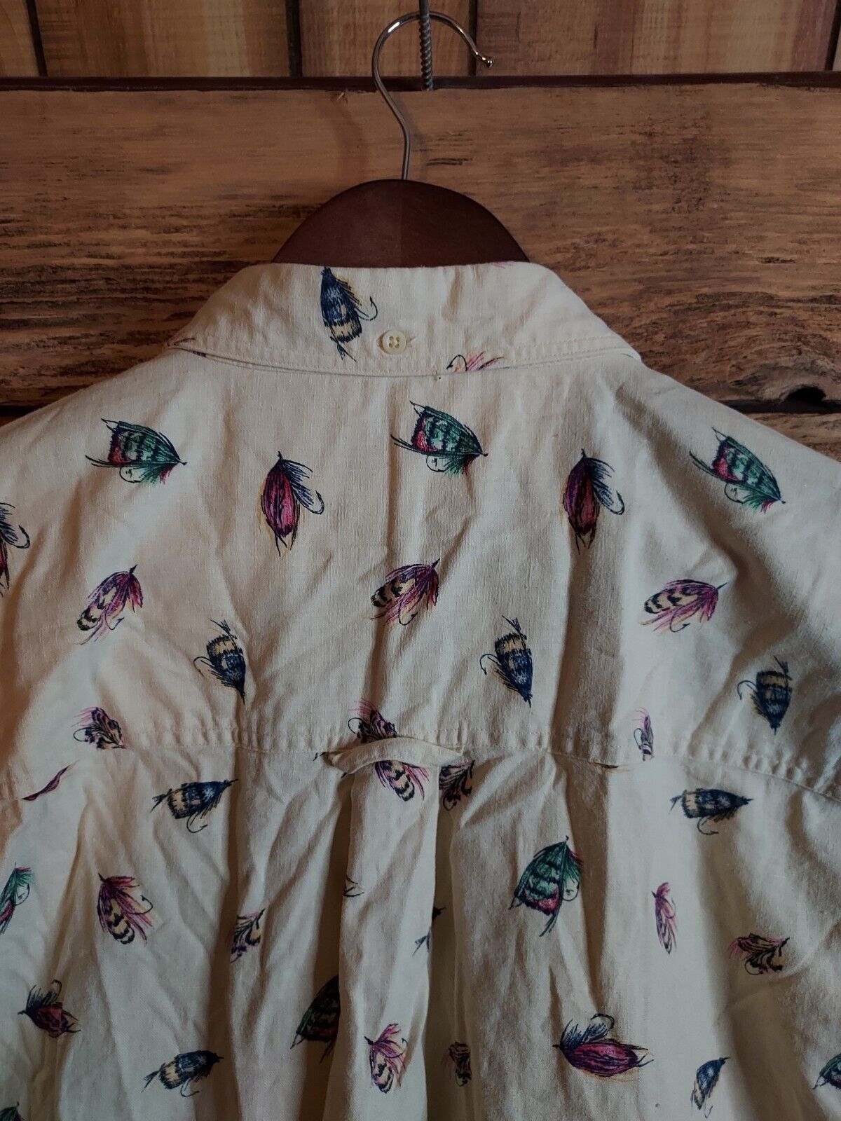 Vtg Gant Linen Short-Sleeved Button-down Shirt Rare Fly Fishing Theme Mens XL