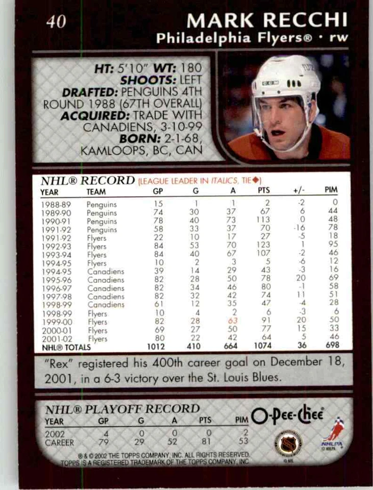 2002-03 O-Pee-Chee Mark Recchi #40 - Image 2 of 2