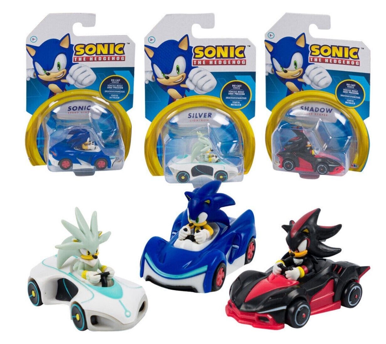 SONIC THE HEDGEHOG Shadow & Silver Die-Cast Cars (SET of 3) NEW