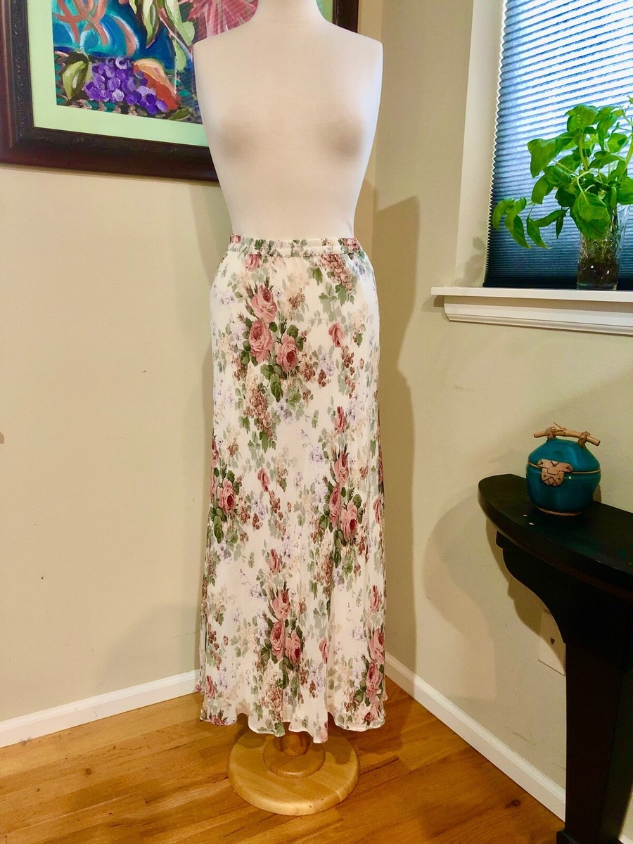90's Bias Cut Maxi Skirt in Floral Print Rayon, Lined 28