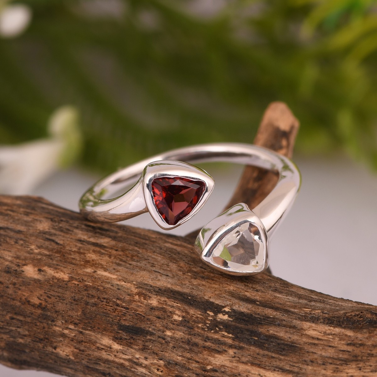 Garnet & Crystal Quartz Double Stone Ring 925 Sterling Silver