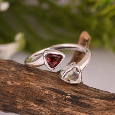 Garnet & Crystal Quartz Double Stone Ring 925 Sterling Silver Engagement Ring