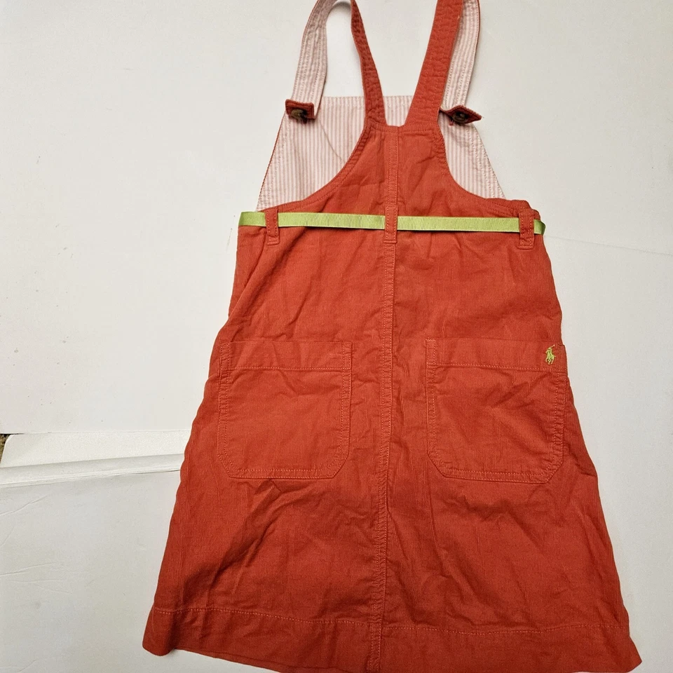 RALPH LAUREN Salmon Corduroy Jumper Dress w/Lime Green Ribbon Tie  Size 6X - Image 2 of 3