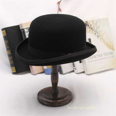 Vintage 100% Wool Mens Black Bowler Hat Fashion Hat Satin Lining 4