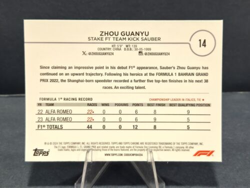 2024 Topps Chrome Sapphire Formula 1 F1 Zhou Guanyu Portrait Aqua 62/99 #14 - Picture 2 of 2