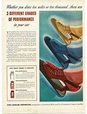 1938 Ethyl Gasoline Gas red blue yellow shoes on gas pedal Vintage Print Ad