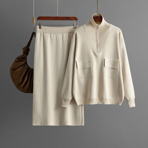Women 2pcs Sets Long Sleeve Knitted Half Zip Sweater Mid Long Pencil Skirts Slit - Picture 27 of 28