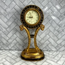 Vintage Gold Painted Jewel Enchrested Rams Heads Mantle Clock READ