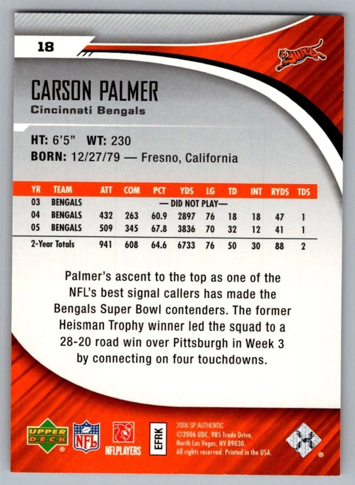 2006 SP Authentic Carson Palmer Cincinnati Bengals #18 - Image 2 of 2