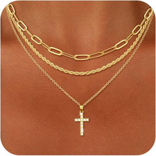 Chunky Gold Cross Necklaces for Women Dainty Layered 14K Gold Plated Jewelry