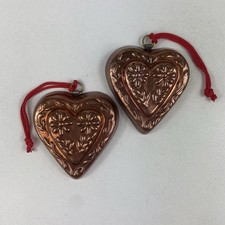 Pair 2 Vtg Copper Floral Heart Mini Mold Wall Decor Folk Art Xmas Ornaments