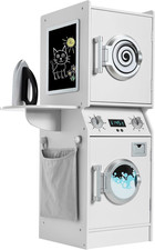 Pretend Play Kids Wooden Stacked Washer Dryer Set with Toy Laundry Storage, Sp