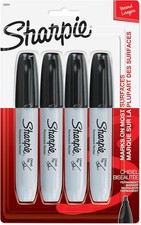 Permanent Markers, Large, Chisel Tip, Black, 4 Count - Marks on Paper, Plastic,