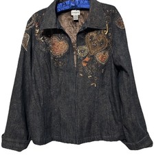 Chicos Jacket 2 Dark Wash Denim Beaded Sequins Embroidered Boho Hippie Blazer L