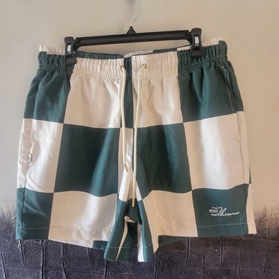 100 Thieves Men's Green & White Check Swim Shorts Elastic Waist Lined Size L