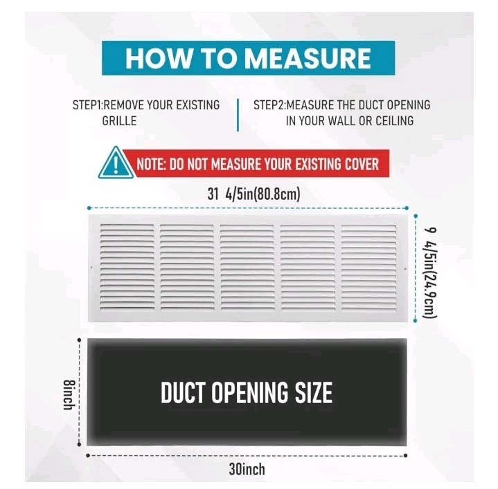 Fits 30x8 Duct Opening | Steel Return Air Grille by Handua | Vent Cover Grill f