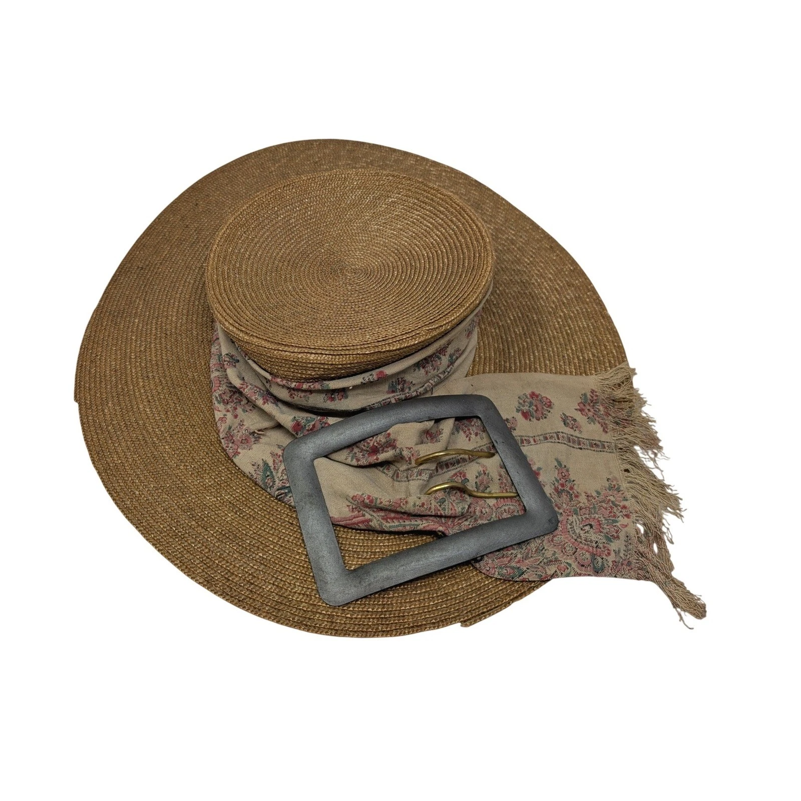 Vintage Wide Brim Straw Sun Hat Floral Scarf Large Buckle Detail Summer Beach