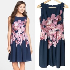 Adrianna Papell Dress Floral Petite 2 Dressy Sleeveless Gathered Waist Navy Blue