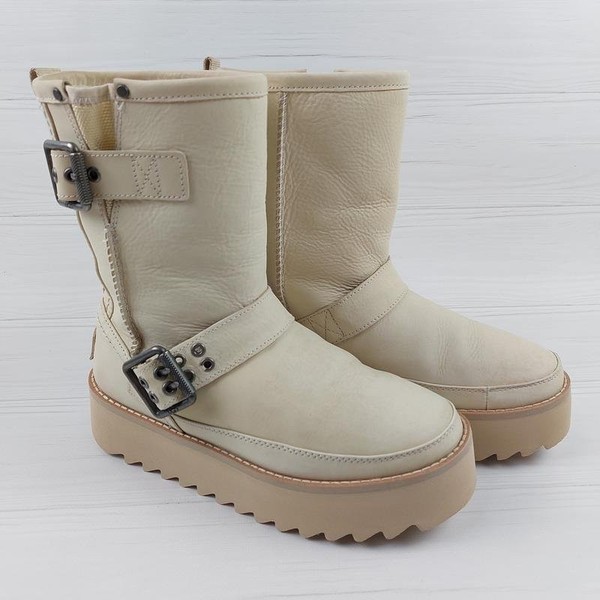 Women UGG Biker Boots White Leather 37