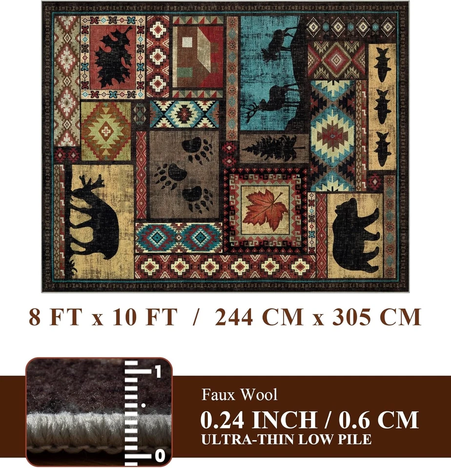 Alfombra rústica para cabina 8X10, alfombra lavable a máquina Lodge Bear, antideslizante de pelo bajo Pri Foto 2 de 4