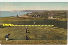 Seaford C1910 good Golf Links view with Players at hole, view to town, Sussex