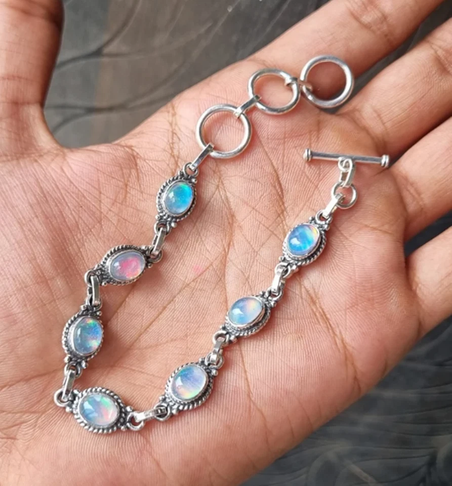 Pulsera de ópalo Aurora 925 de plata de ley para mujer con piedras preciosas naturales MK* Foto 2 de 4