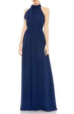 Ieena For Mac Duggal Midnight Blue High Neck Ruched Chiffon A-Line Gown 14 $398