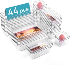 44 PCS Clear Plastic Drawer Organizers Set, 4-Size Versatile Bathroom and Vanity